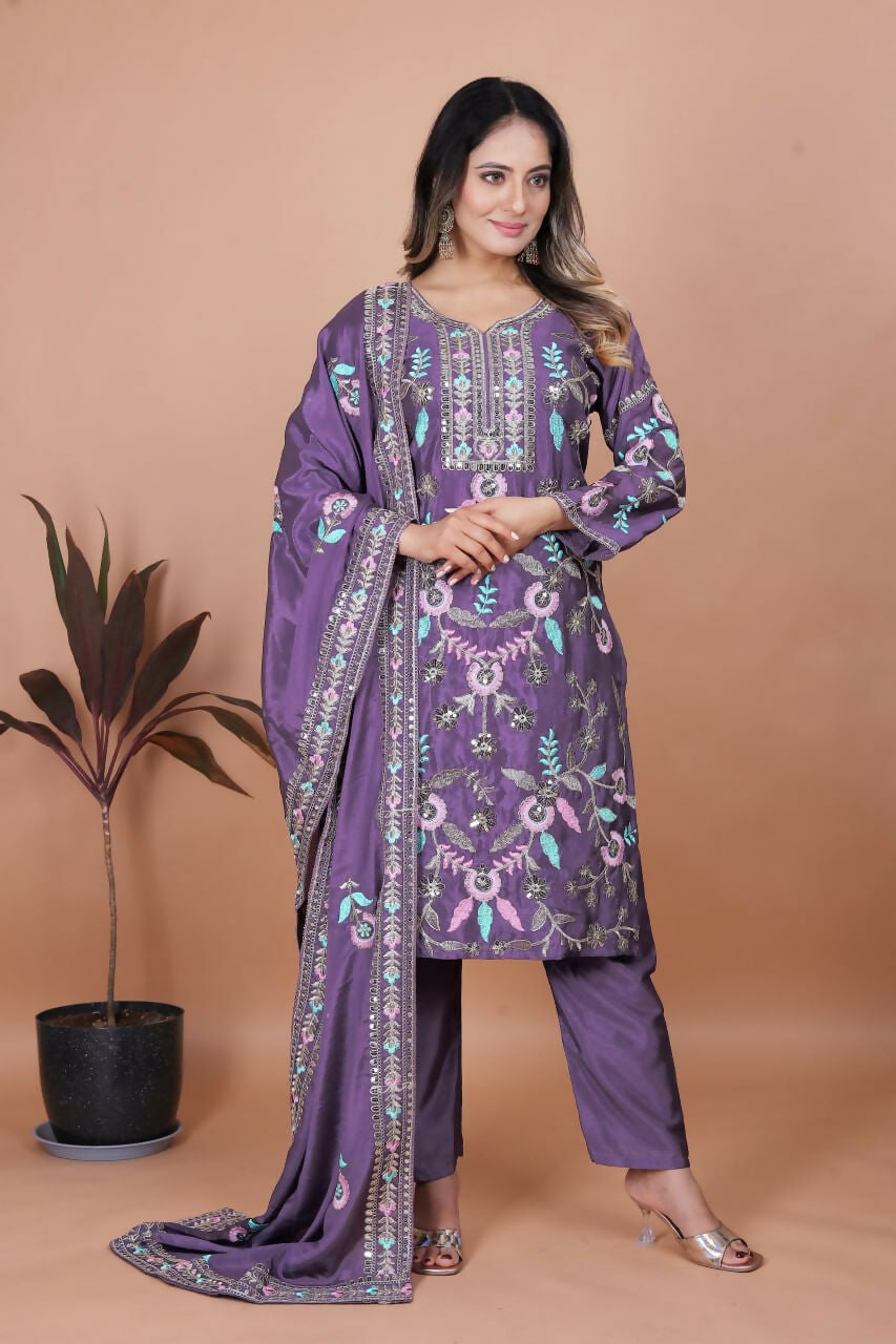 Teeya Creation Lavender Chinon Embroidery Work Party Wear Salwar Suit