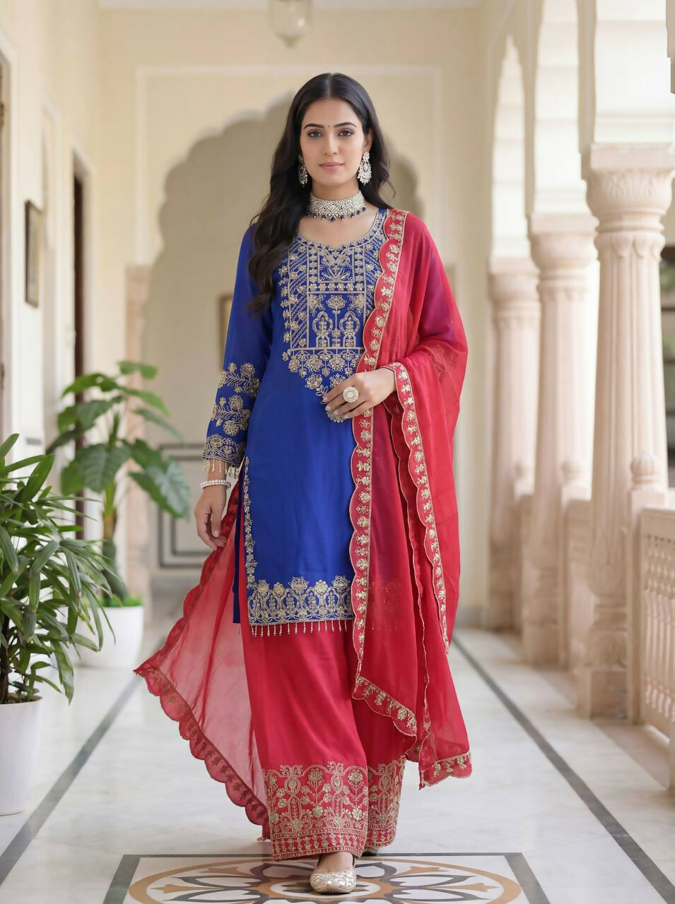 Joban Fashion Blue Silk Embroidered Sharara Set