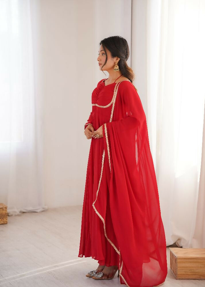 Teeya Creation Red Faux Georgette Designer Party Wear Long Gown