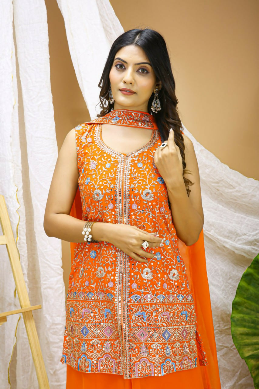 Joban Fashion Orange Georgette Embroidered Sharara Set
