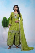 Teeya Creation Parrot Green Color Chinon Silk Wedding Wear Trending Palazzo Set