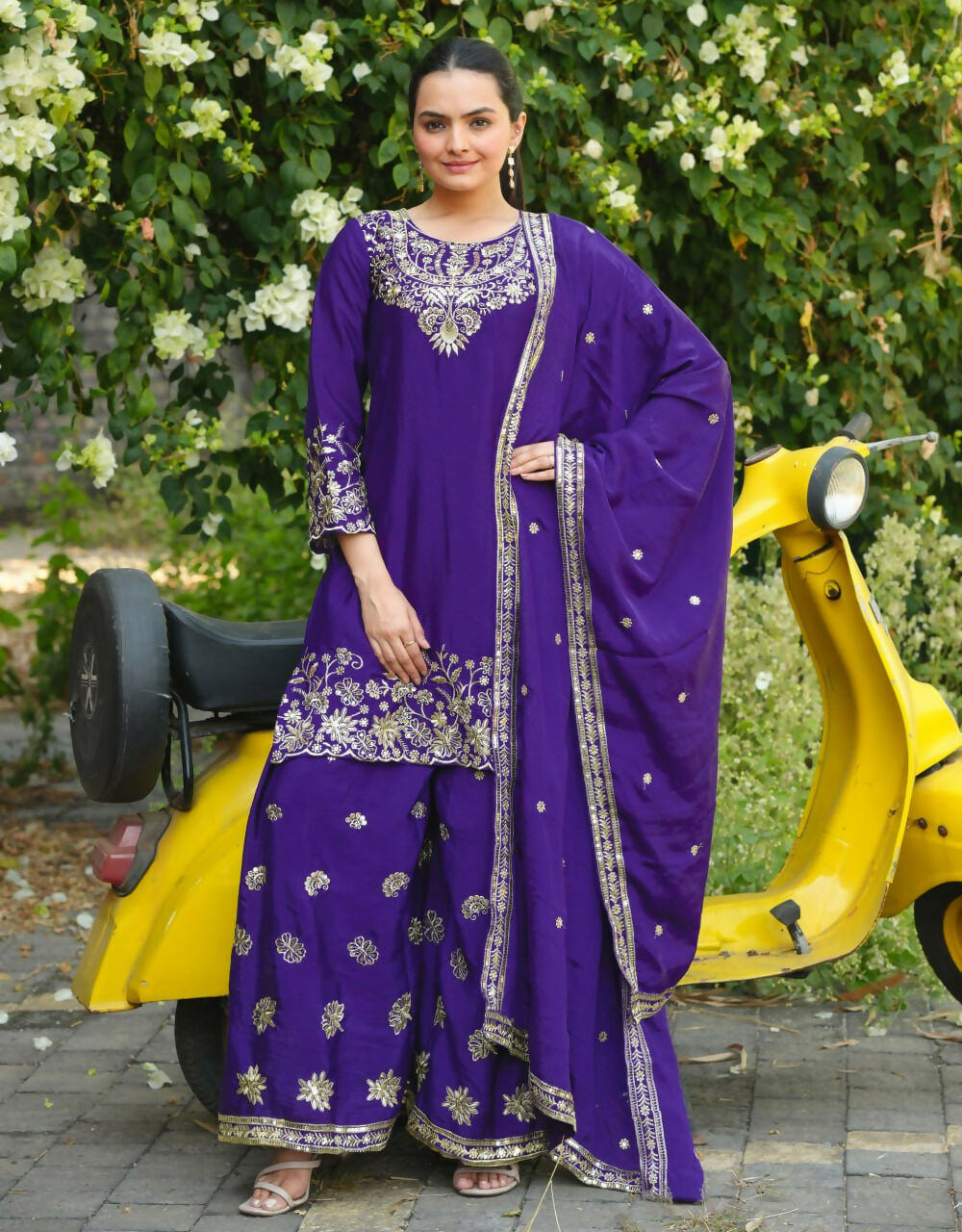 Teeya Creation Purple Color Chinon Silk Wedding Wear Trending Palazzo Set