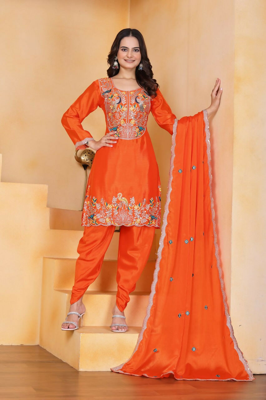 Teeya Creation Orange Color Chinon Silk Party Wear Punjabi Dhoti Suit