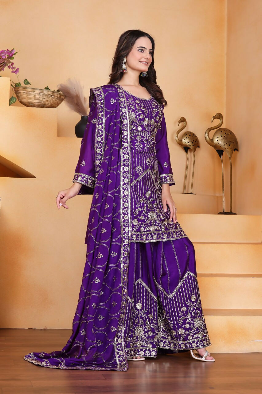 Teeya Creation Purple Color Chinon Silk Embroidery Work Wedding Wear Palazzo Set