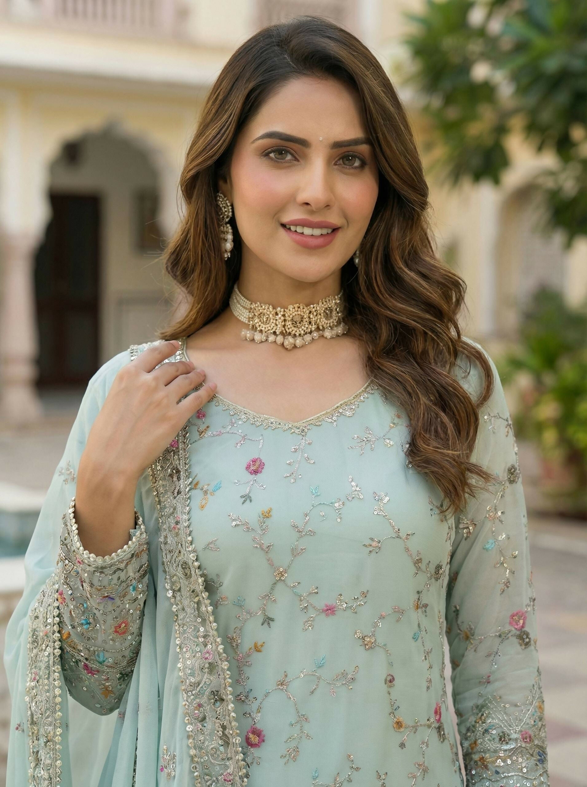 Teeya Creation Sky Faux Georgette Multi Thread Work Wedding Wear Sharara Set