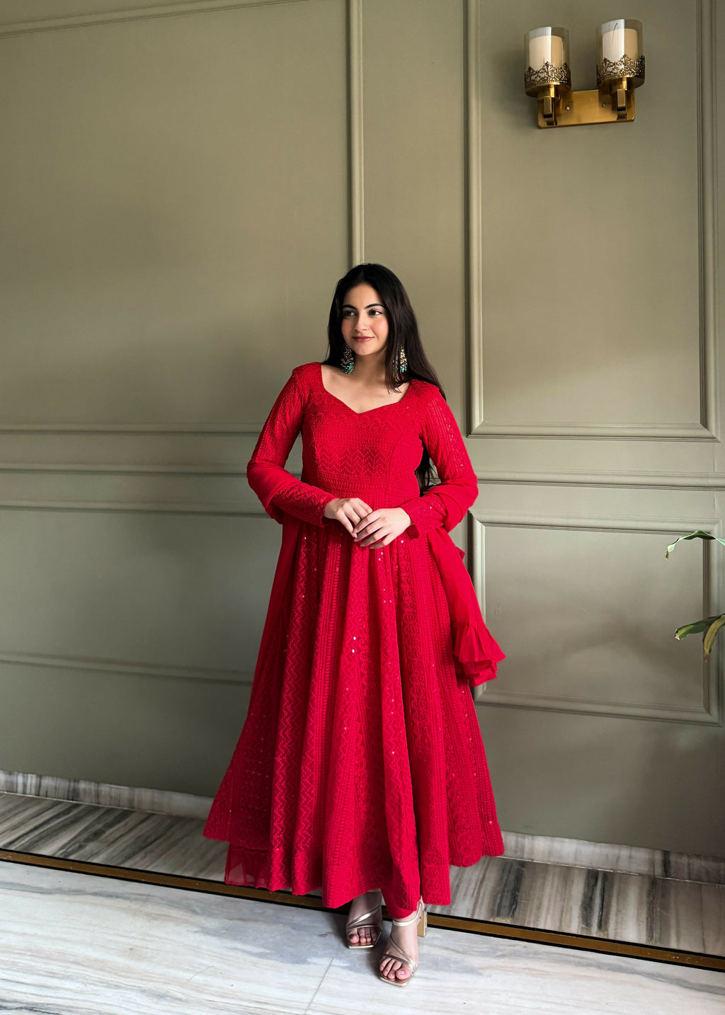 Teeya Creation Red Color Faux Georgette Heavy Embroidery Work Functional Wear Gown