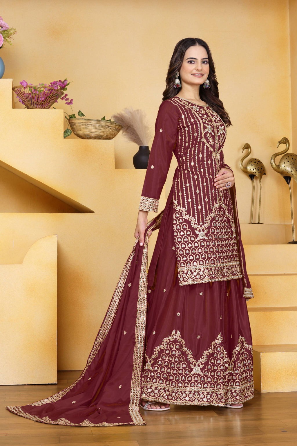 Lehenga Mart Designer Sharara Suit With Kurta, Sharara, Dupatta For Women-Maroon