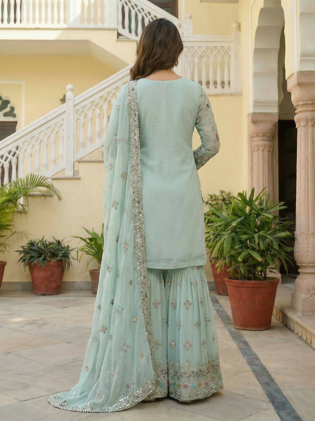 Teeya Creation Sky Faux Georgette Multi Thread Work Wedding Wear Sharara Set