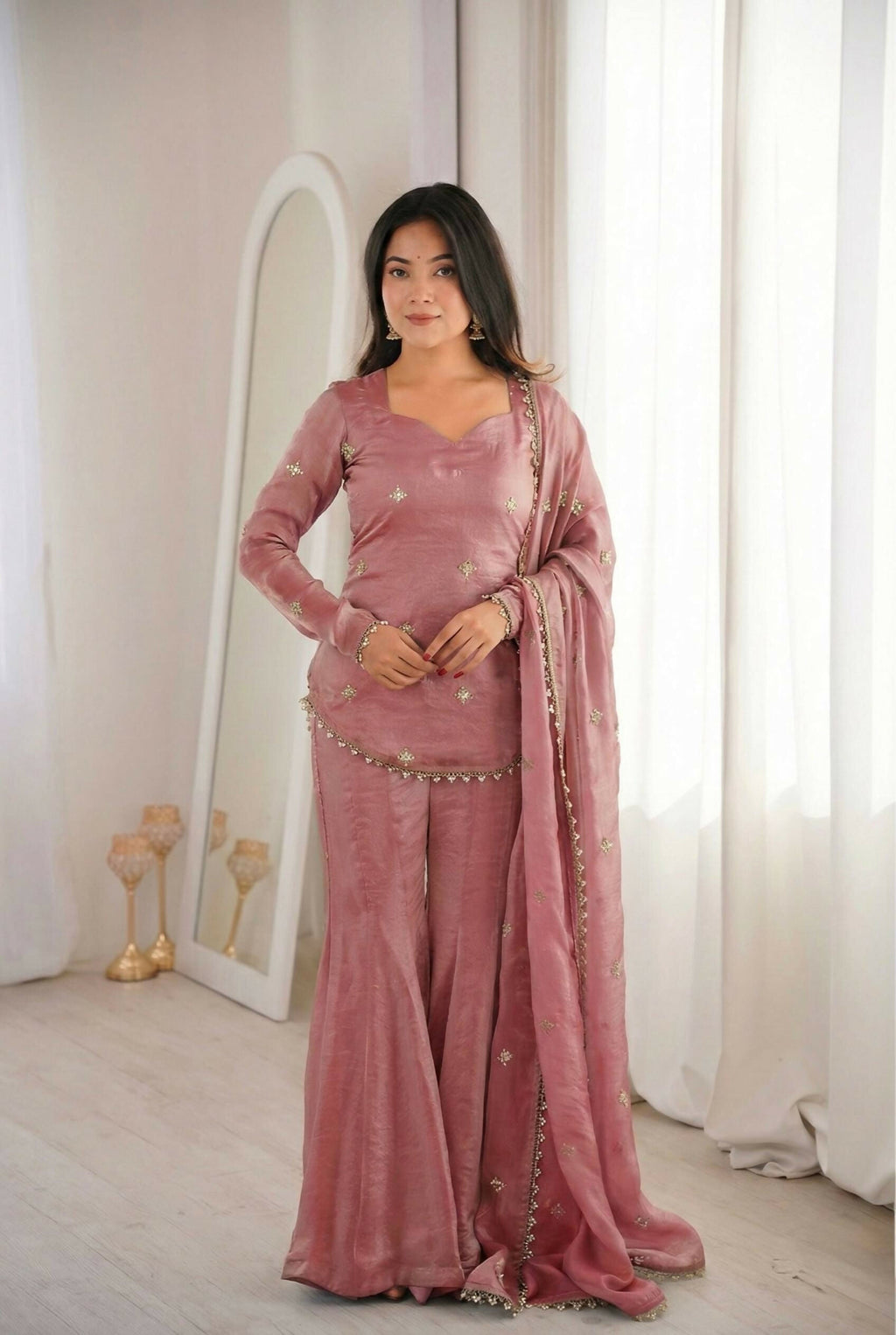 Teeya Creation New Womens Trendy Embroidery Sequence Work Pink Kurta Set