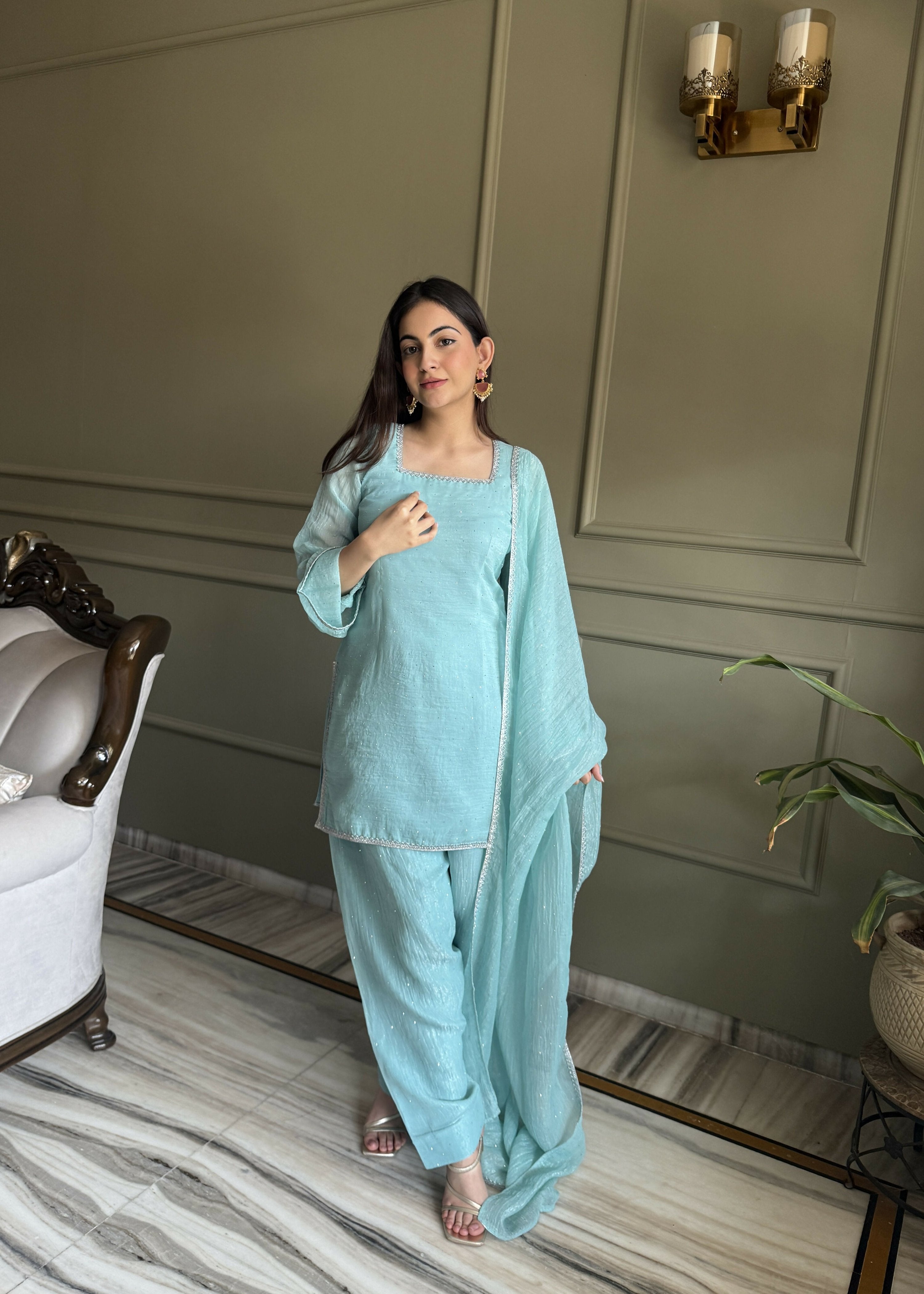 Lehenga Mart Designer Salwar Suit With Kurta, Dhoti Dupatta For Women-Skyblue