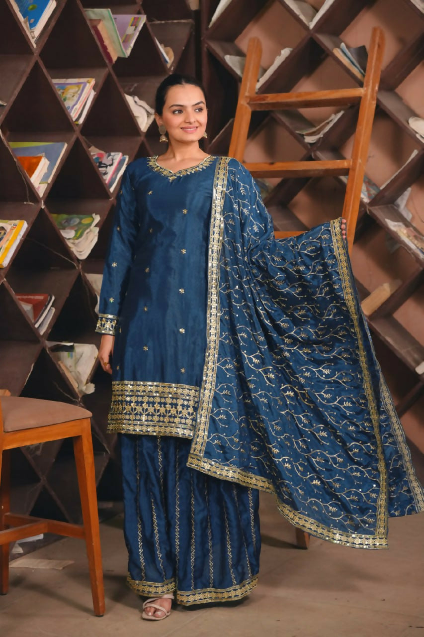 Joban Fashion Blue Silk Embroidered Sharara Set