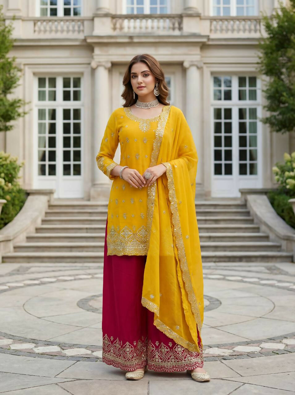 Joban Fashion Yellow Silk Embroidered Sharara Set