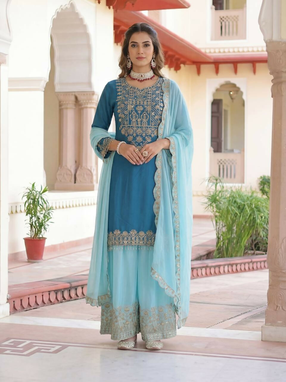 Teeya Creation Sky Chinon Silk Designer Wedding Wear Embroidery Work Palazzo