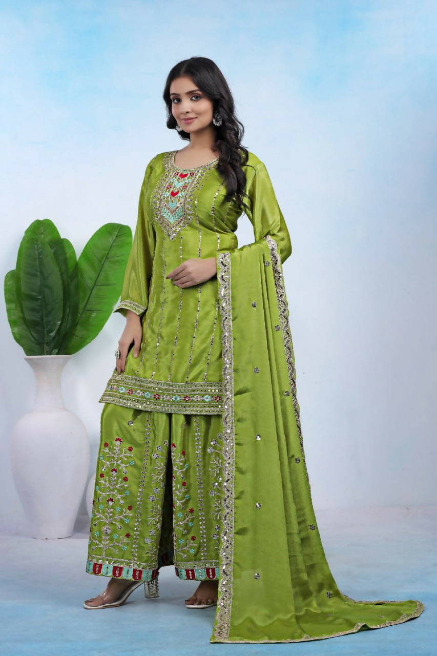 Teeya Creation Parrot Green Color Chinon Silk Wedding Wear Trending Palazzo Set