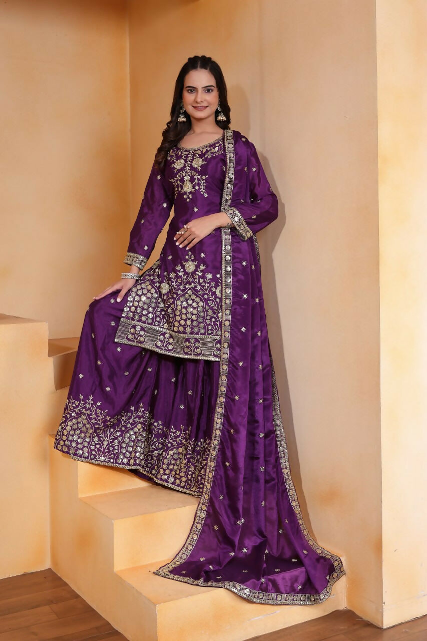 Joban Fashion Purple Silk Embroidered Sharara Set