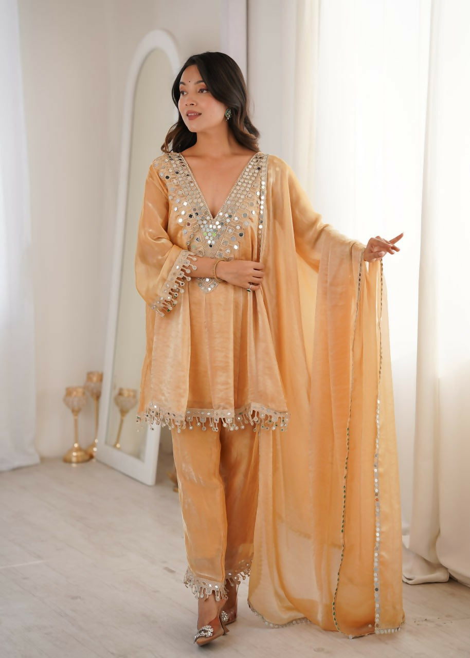Teeya Creation Womens New Trending Fendy Fabric With Real Mirror With Coding Embroidered Lace Work Kurta Set