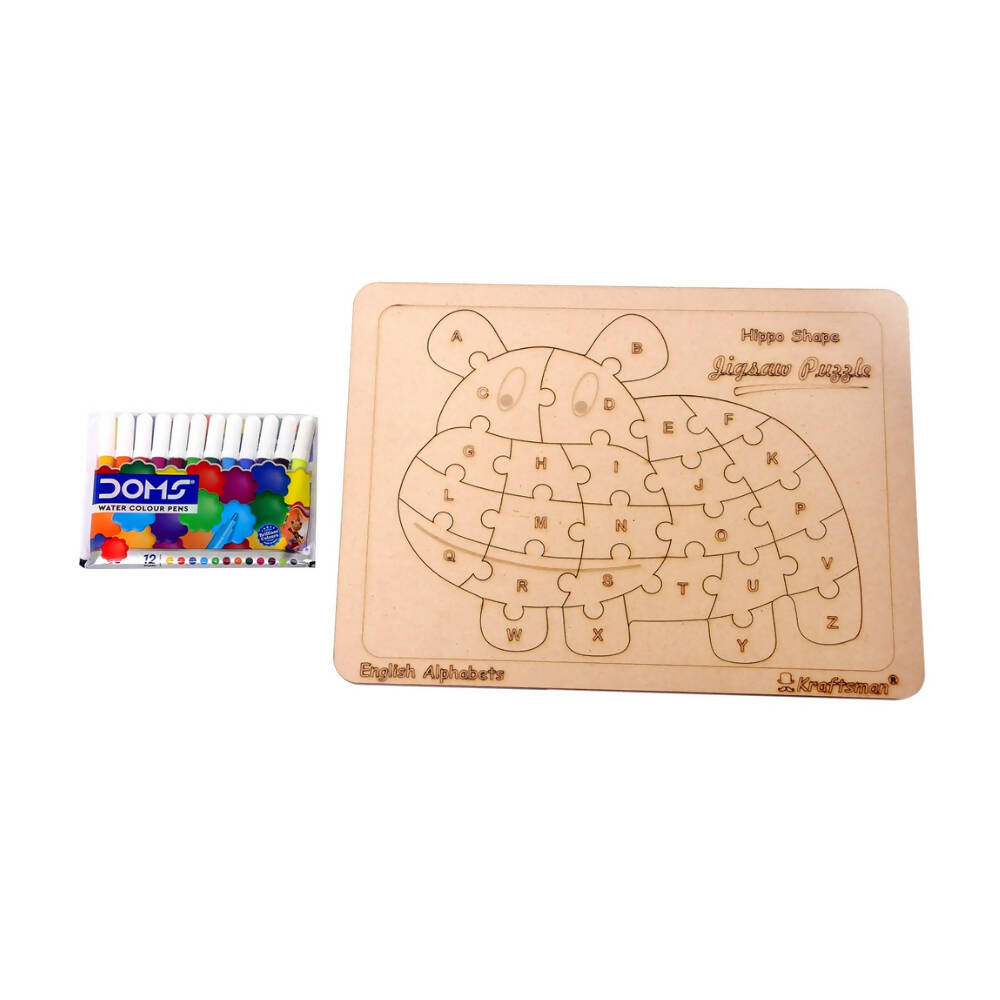 Kraftsman English Alphabets Wooden Jigsaw Puzzles Hippo Shape Puzzle | Color Kit Included
