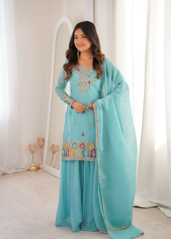 Teeya Creation Sky Blue Color Soft Crunchy Silk Party Wear Designer Sharara set