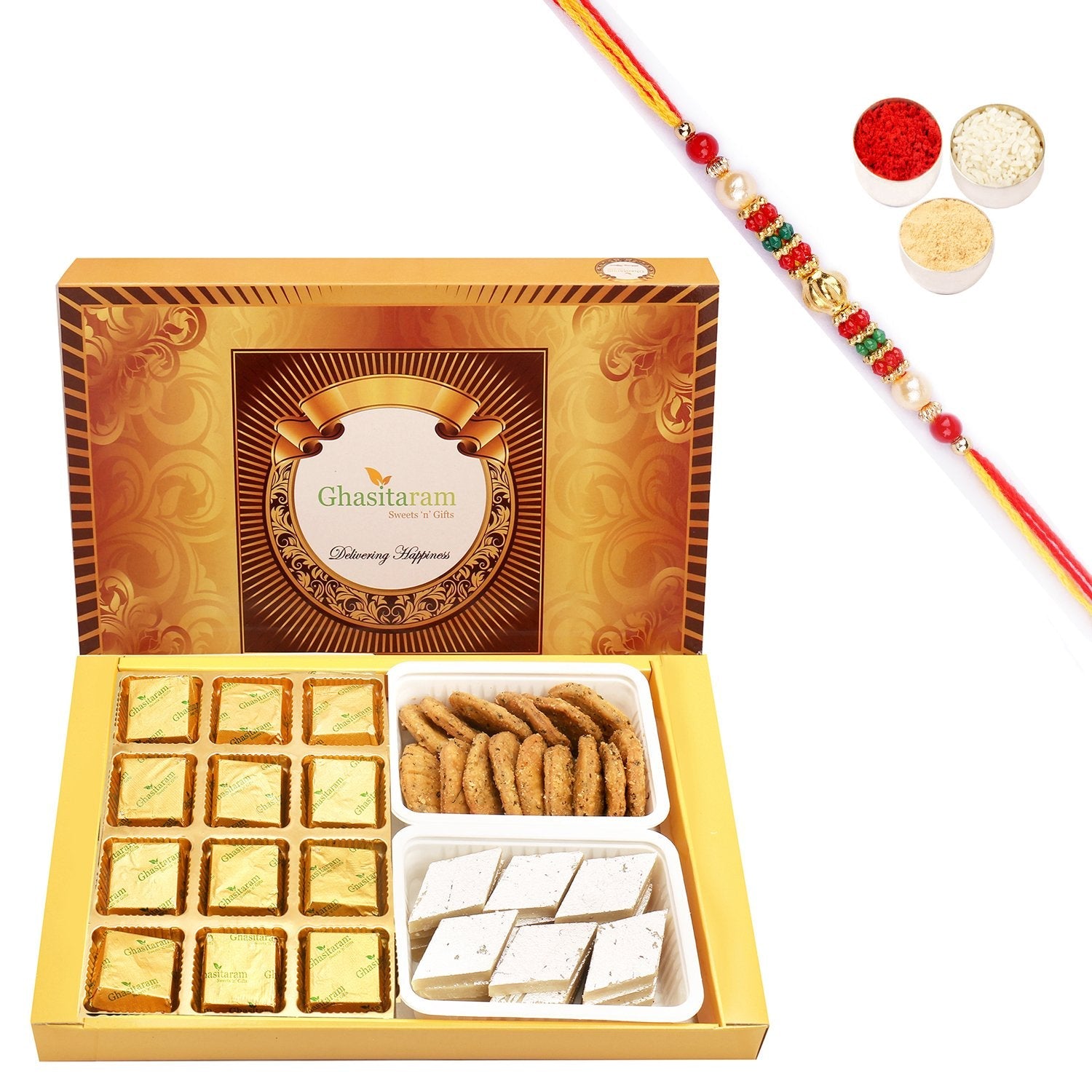 Ghasitaram Mewa Bites, Kaju Katli and Methi Mathi With Pearl Beads Rakhi