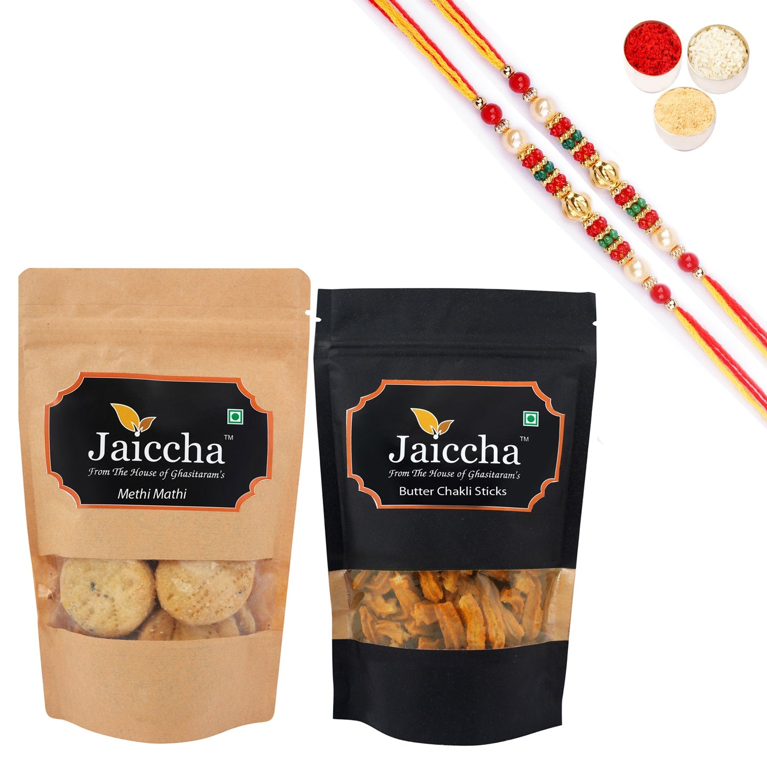 Ghasitaram Jaiccha Mewa Bites and Methi Mathi With 2 Pearl Beads Rakhis