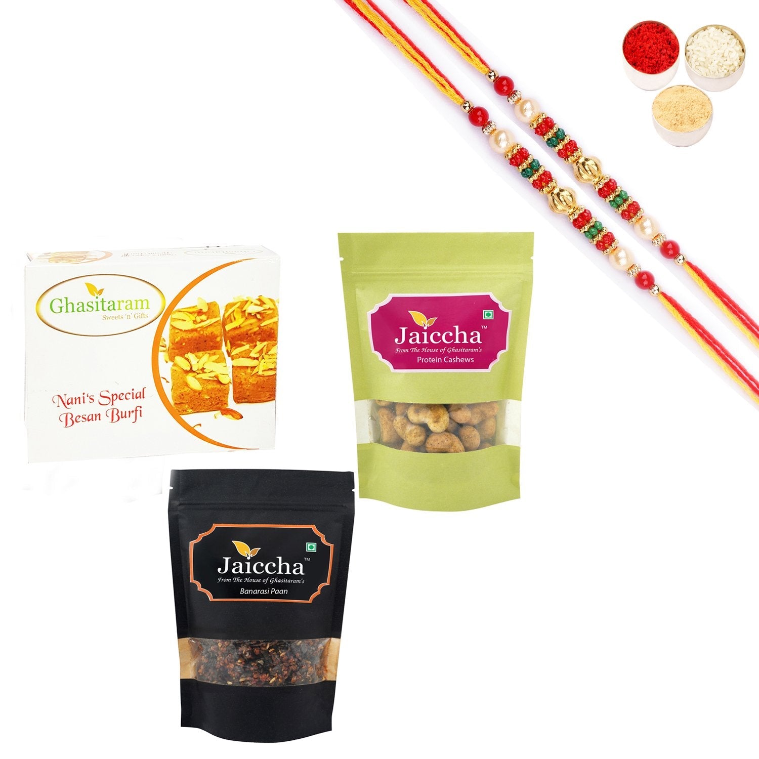 Ghasitaram Besan Barfi,Protein Cashews and Banarsi Paan With Pearl Beads Rakhi