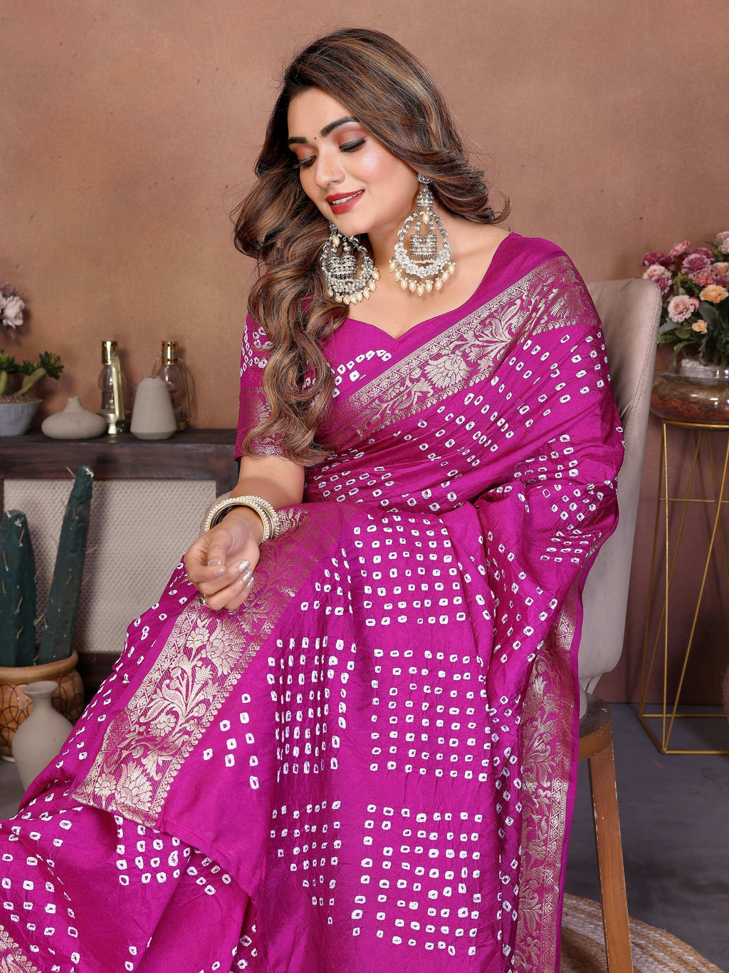 Aastha Fashion Magenta Pure Dola Silk Handmade Original Bandhej Saree
