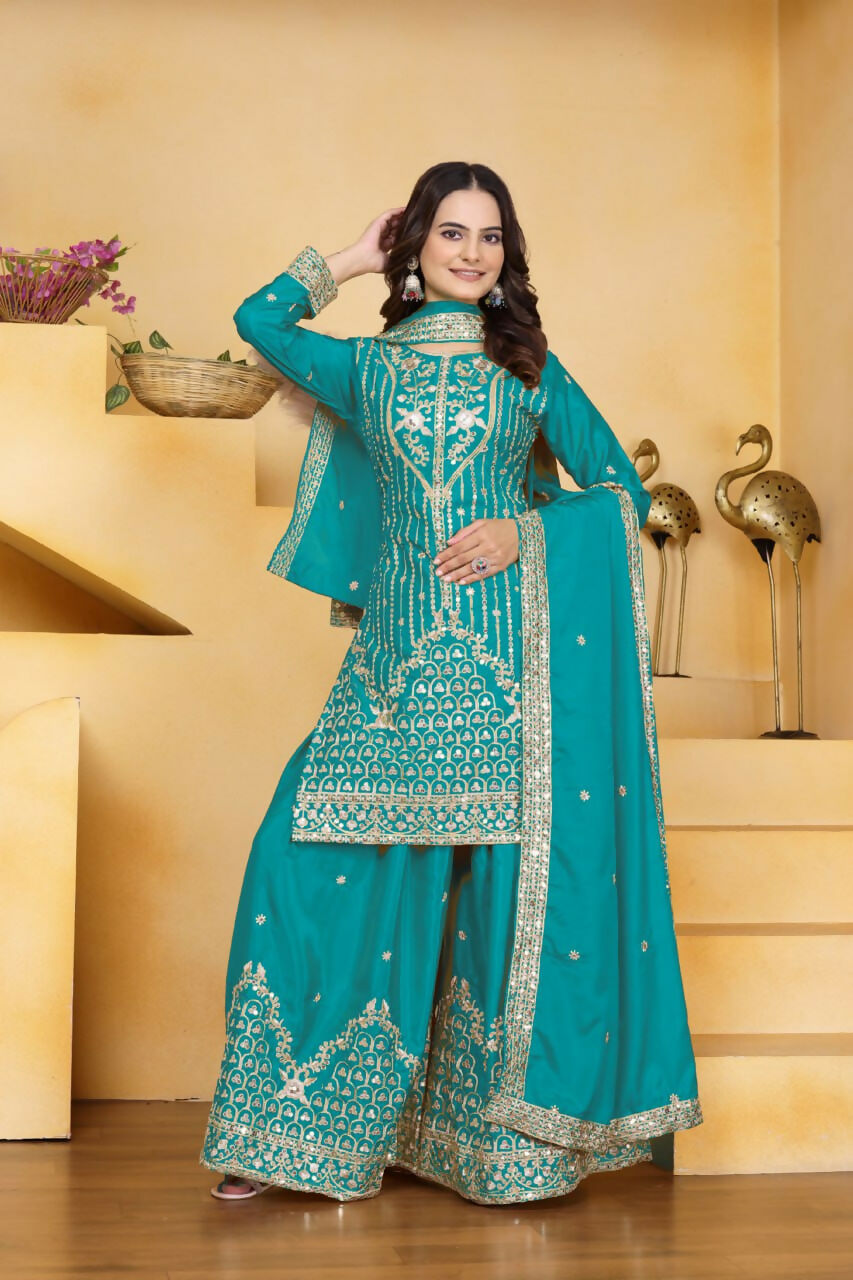 Teeya Creation Teal Color Natural Crepe Silk Wedding Wear Trending Palazzo Set