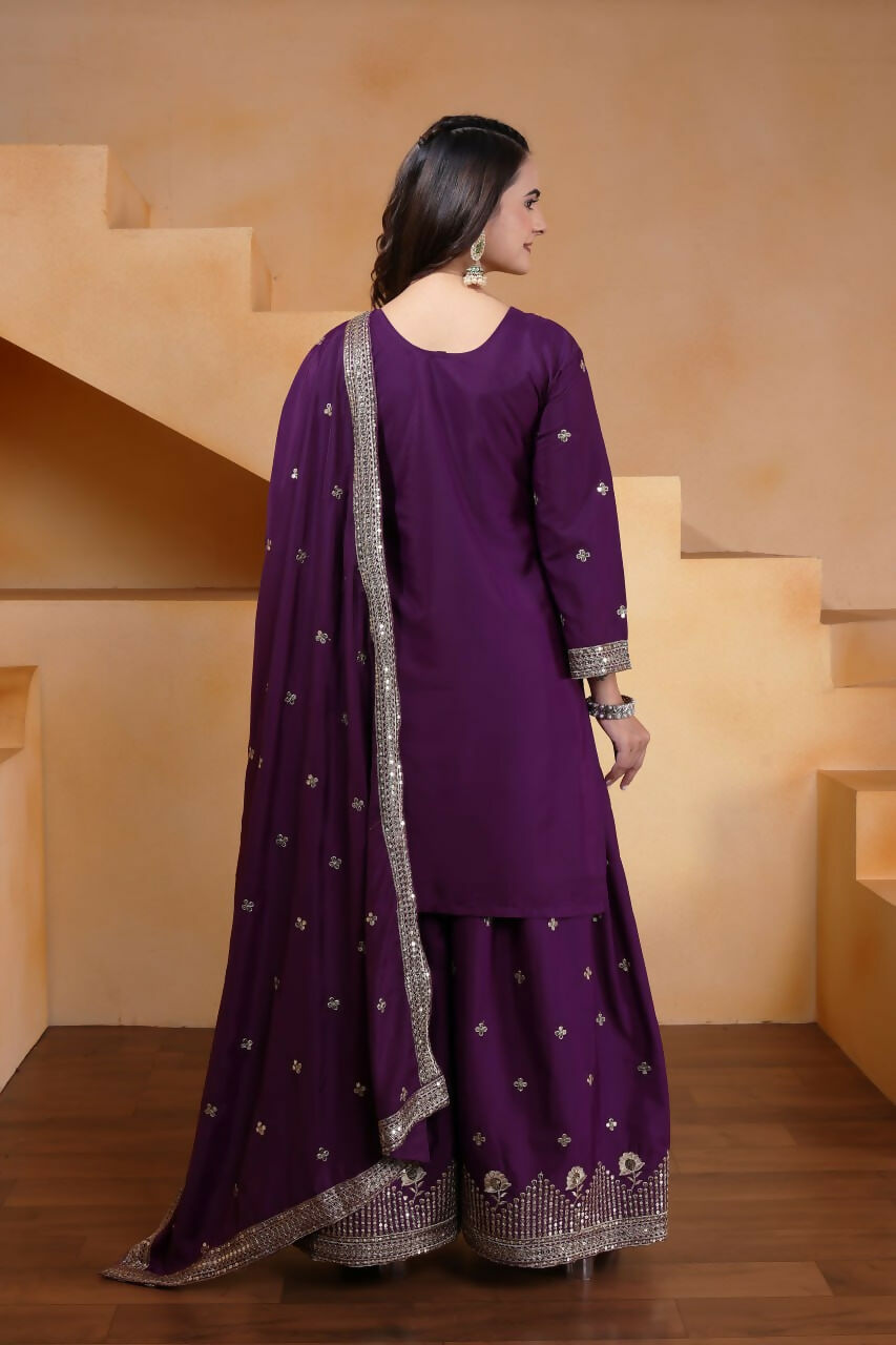 Joban Fashion Wine Crepe Embroidered Sharara Set