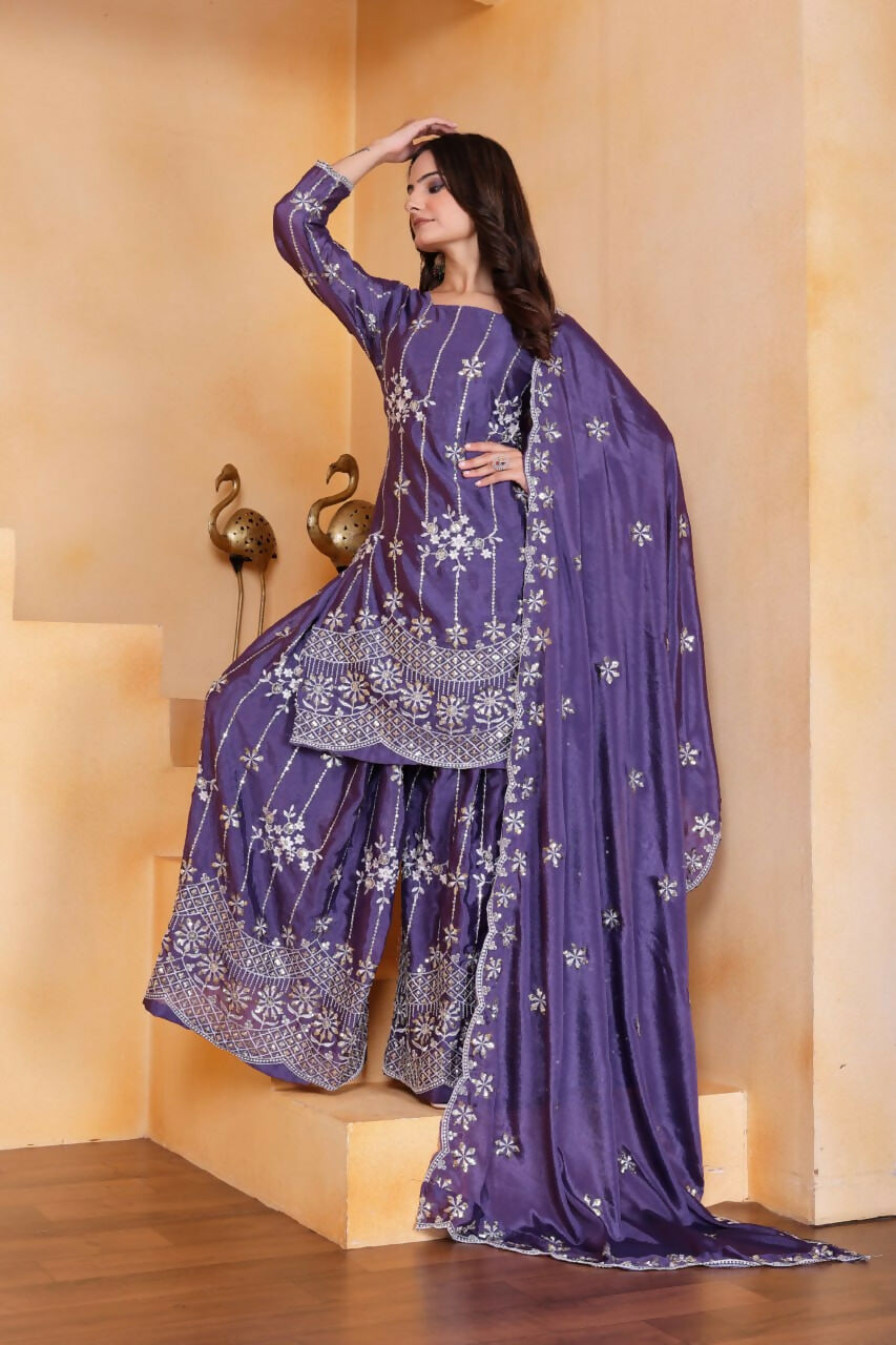 Joban Fashion Purple Silk Embroidered Sharara Set