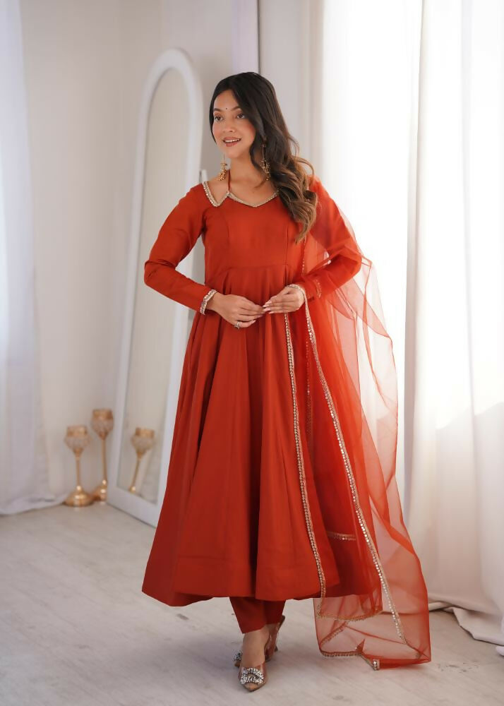 Lehenga Mart Designer Anarkali Suit With Kurta, Pant, Dupatta For Women-Rust