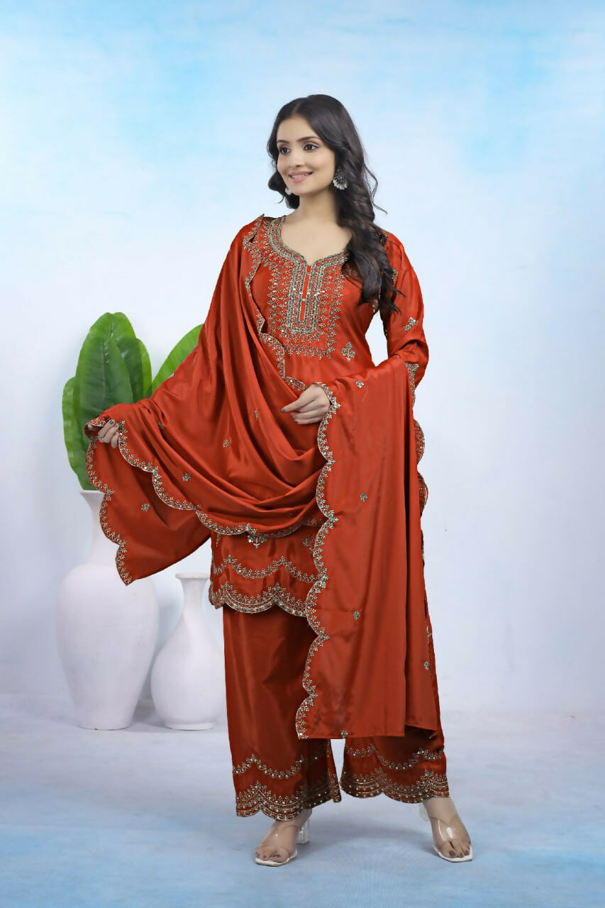 Teeya Creation Dark Orange Color Natural Crepe Silk Wedding Wear Trending Salwar Suit