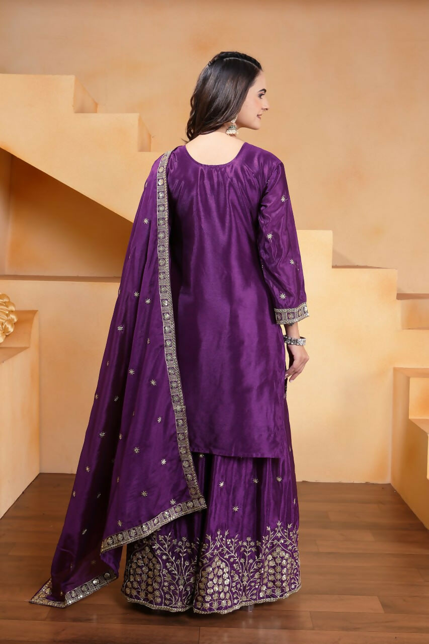 Joban Fashion Purple Silk Embroidered Sharara Set
