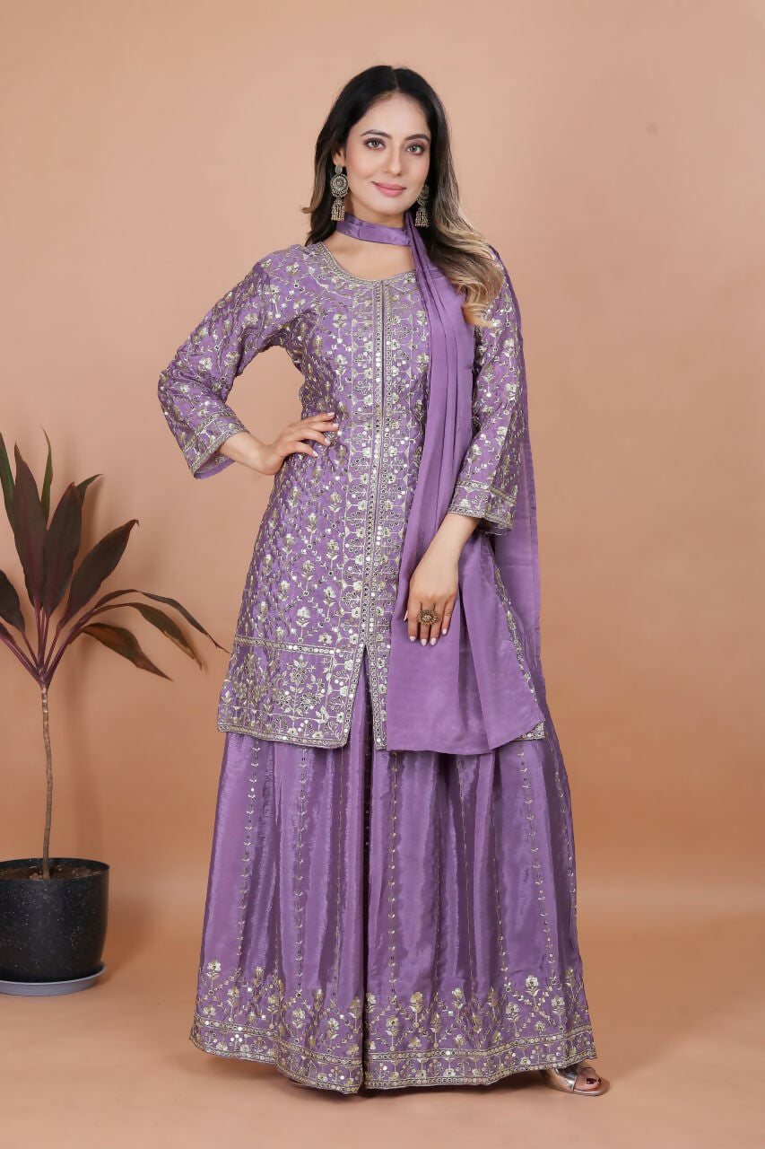Teeya Creation Lavender Chinon Embroidery Work Party Wear Palazzo Suit