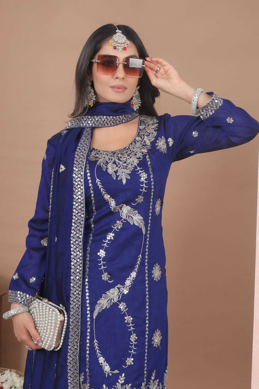 Teeya Creation Blue Color Vichitra Silk Embroidery Work Wedding Wear Palazzo Set