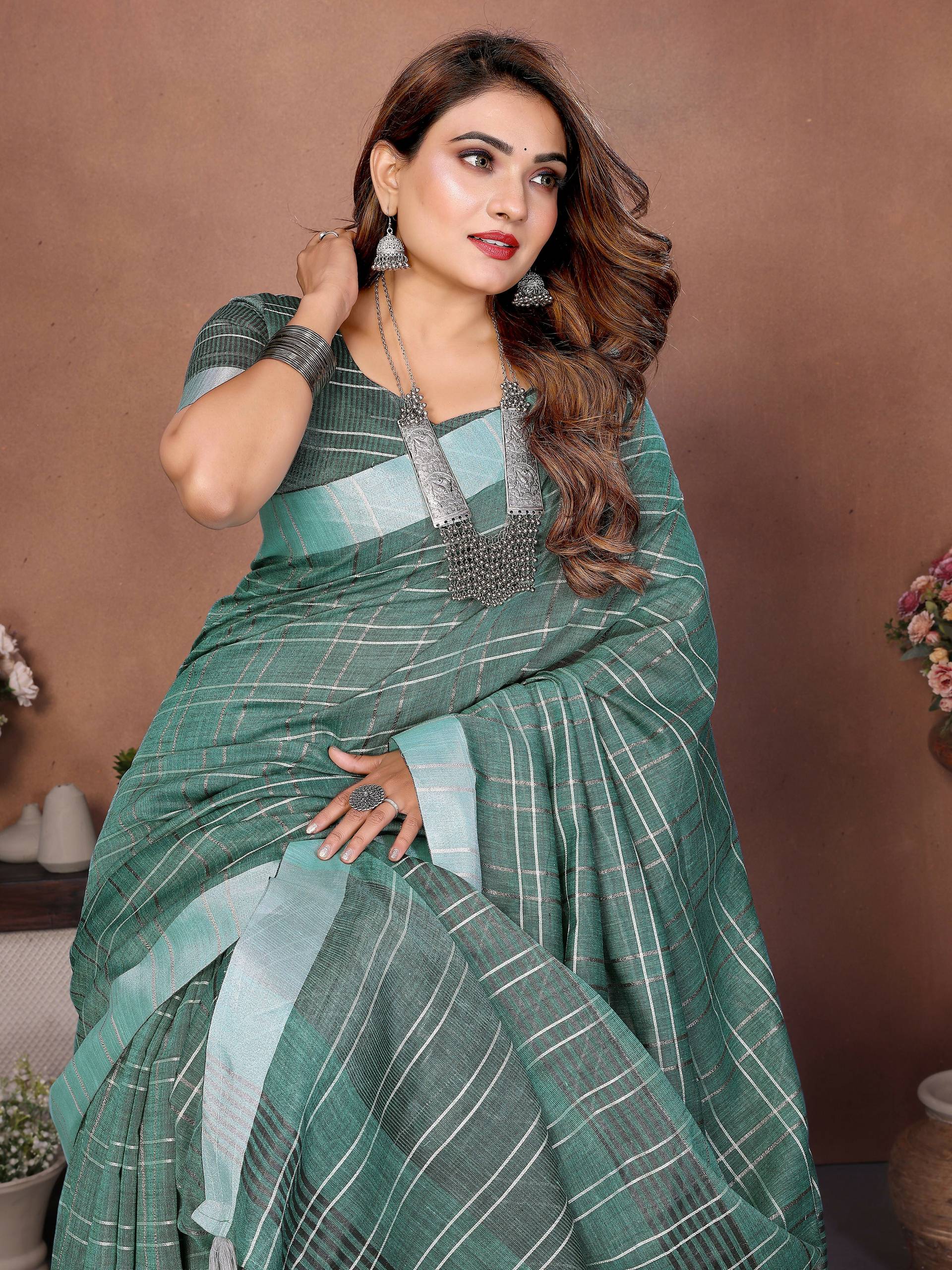 Aastha Fashion Sea Green Linen Weaving Saree