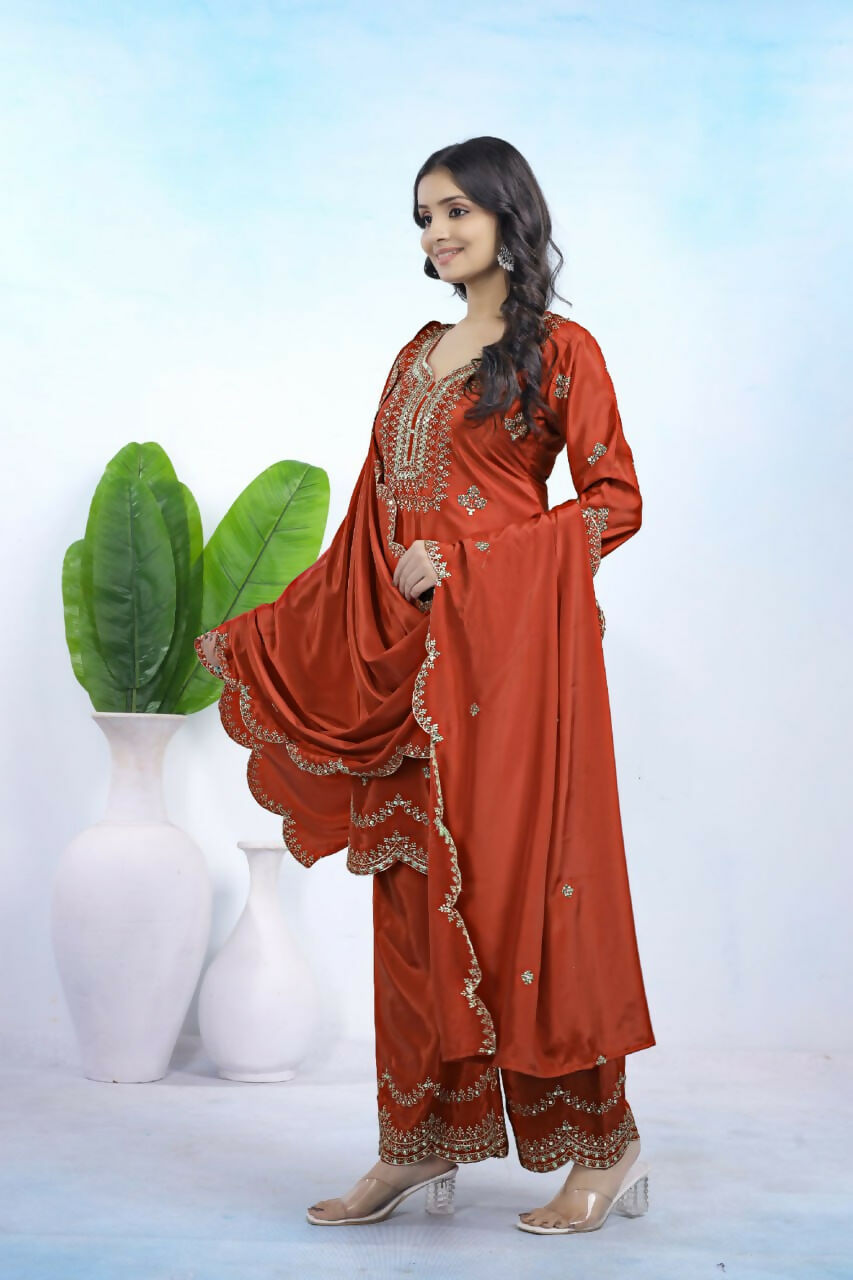 Teeya Creation Dark Orange Color Natural Crepe Silk Wedding Wear Trending Salwar Suit