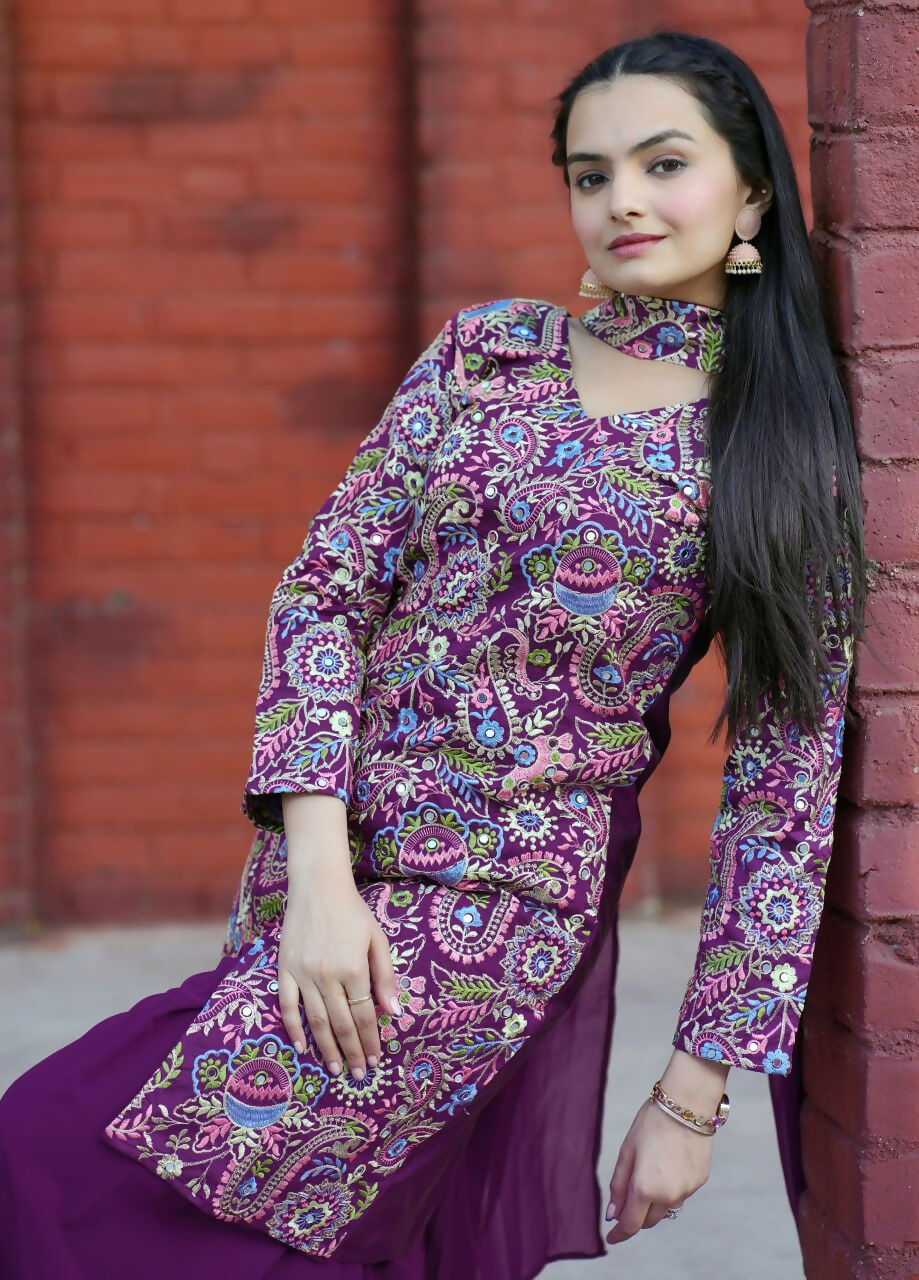 Joban Fashion Wine Silk Embroidered Sharara Set