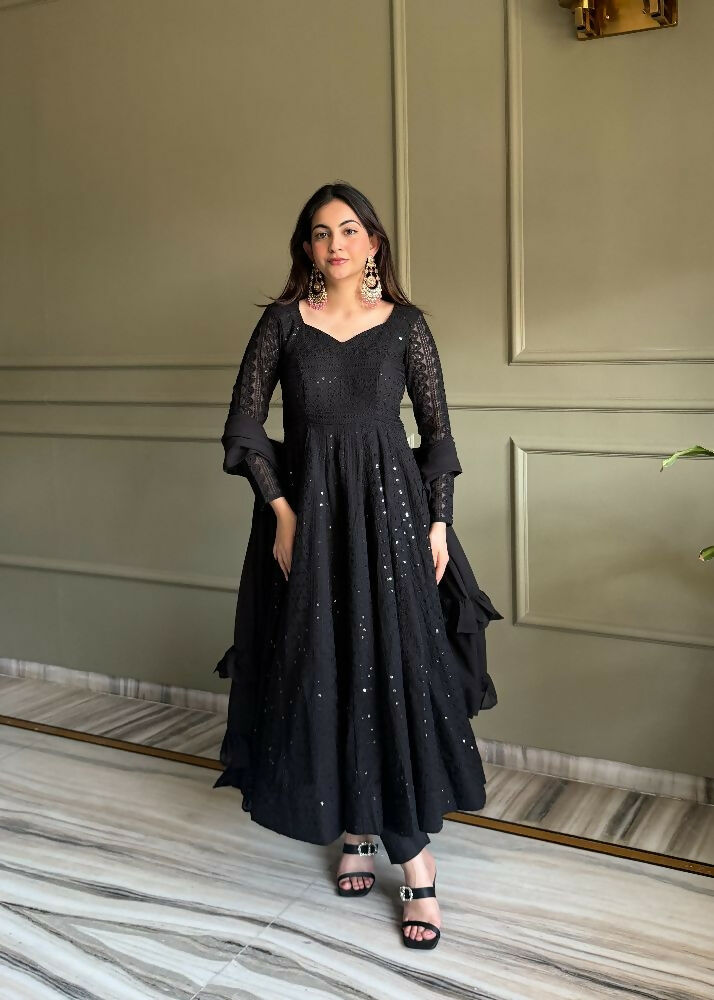 Teeya Creation Black Color Faux Georgette Heavy Embroidery Work Functional Wear Gown