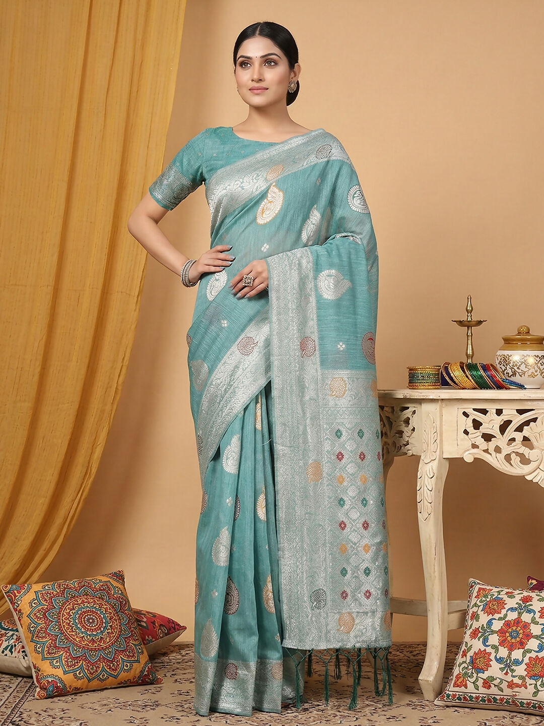 Shree Shyam Fashion Sea Green Linen Cotton Saree