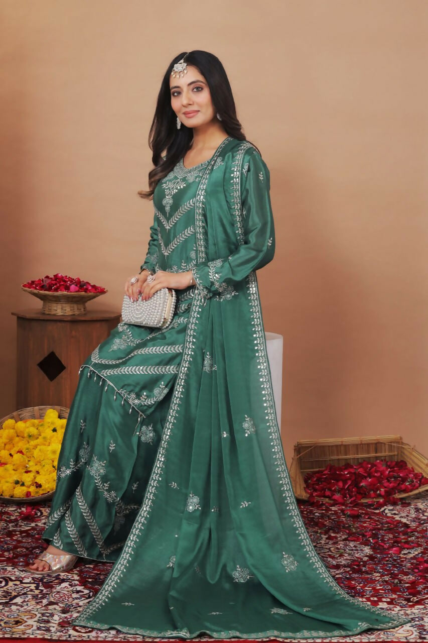Joban Fashion Green Silk Embroidered Sharara Set