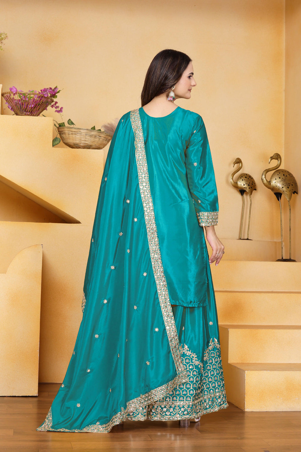 Lehenga Mart Designer Sharara Suit With Kurta, Sharara, Dupatta For Women-Teal
