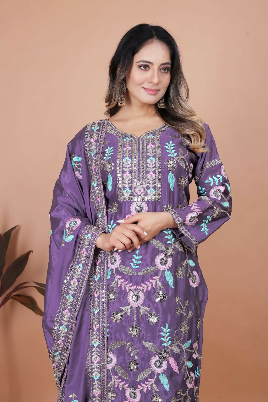 Teeya Creation Lavender Chinon Embroidery Work Party Wear Salwar Suit
