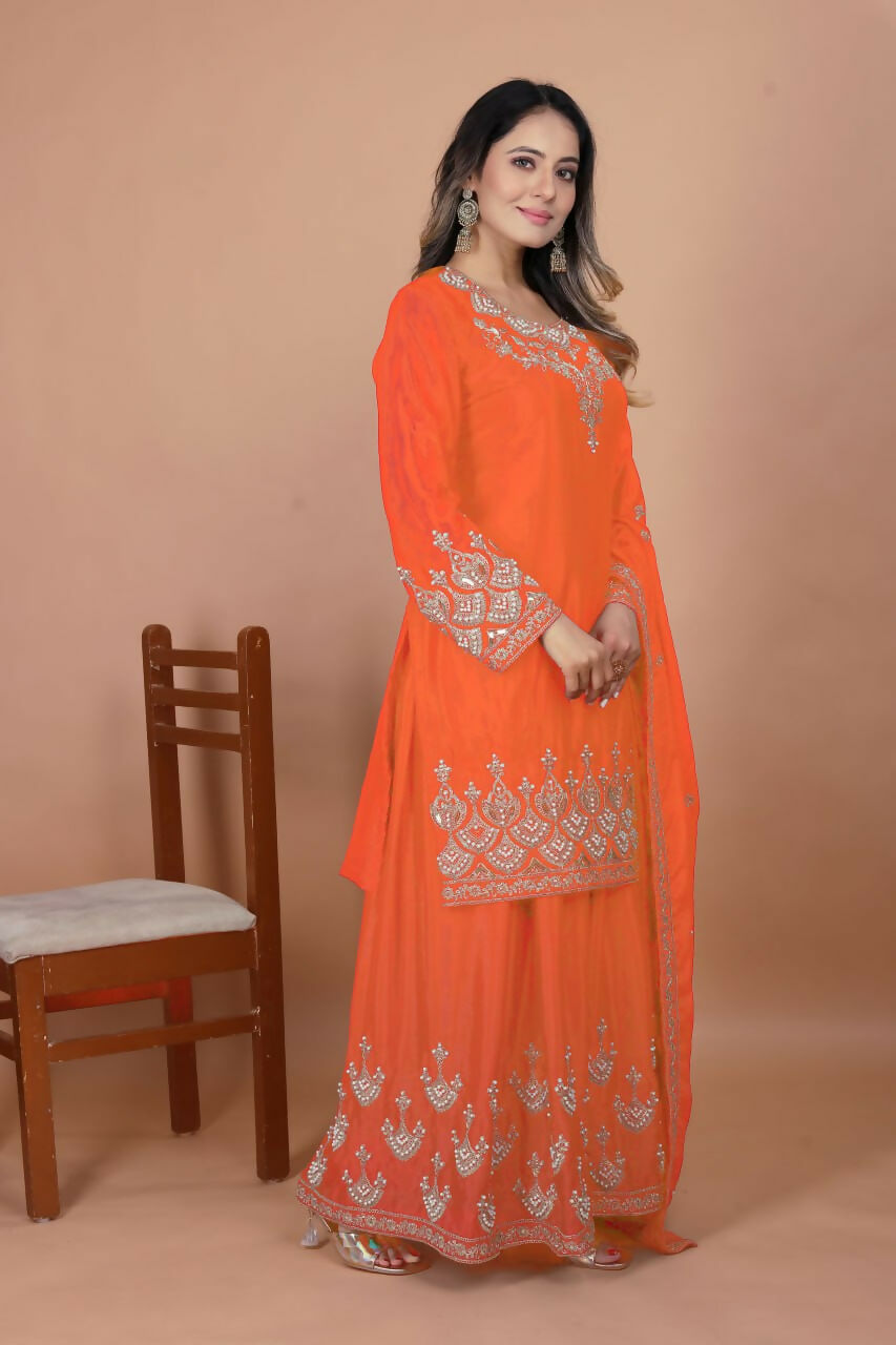 Joban Fashion Orange Silk Embroidered Sharara Set