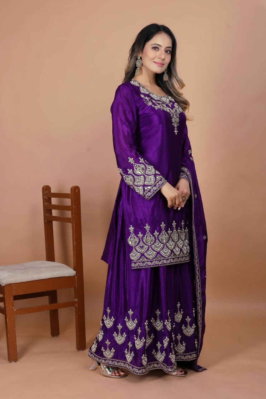 Joban Fashion Purple Silk Embroidered Sharara Set