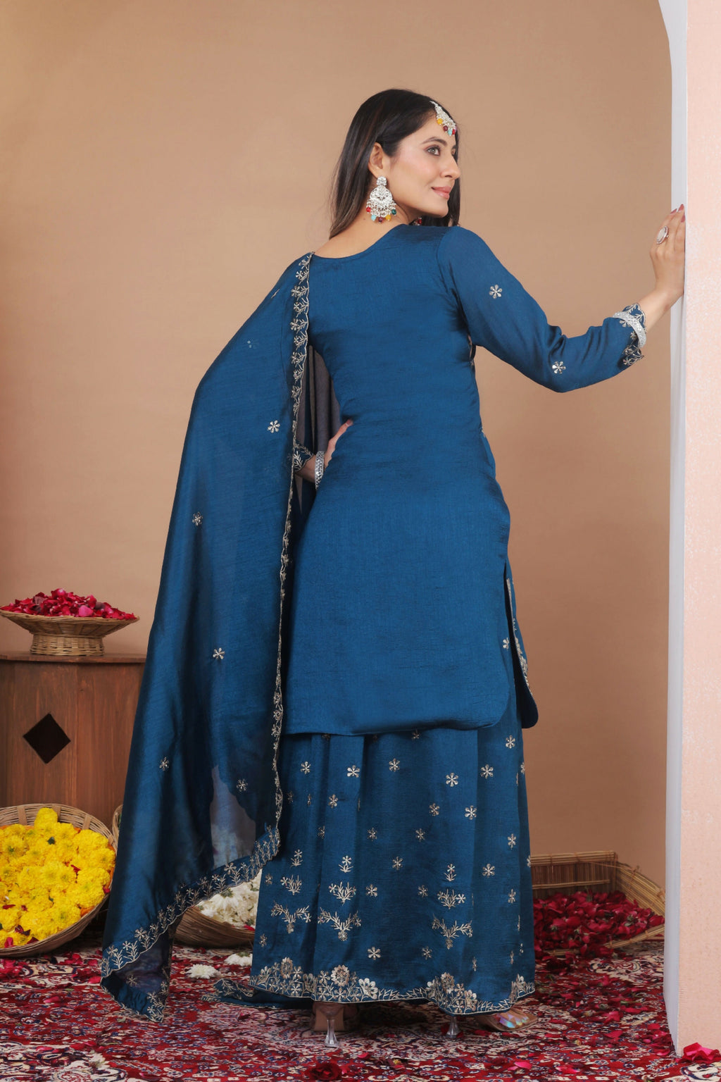 Lehenga Mart Designer Sharara Suit With Kurta, Sharara, Dupatta For Women-Teal Blue