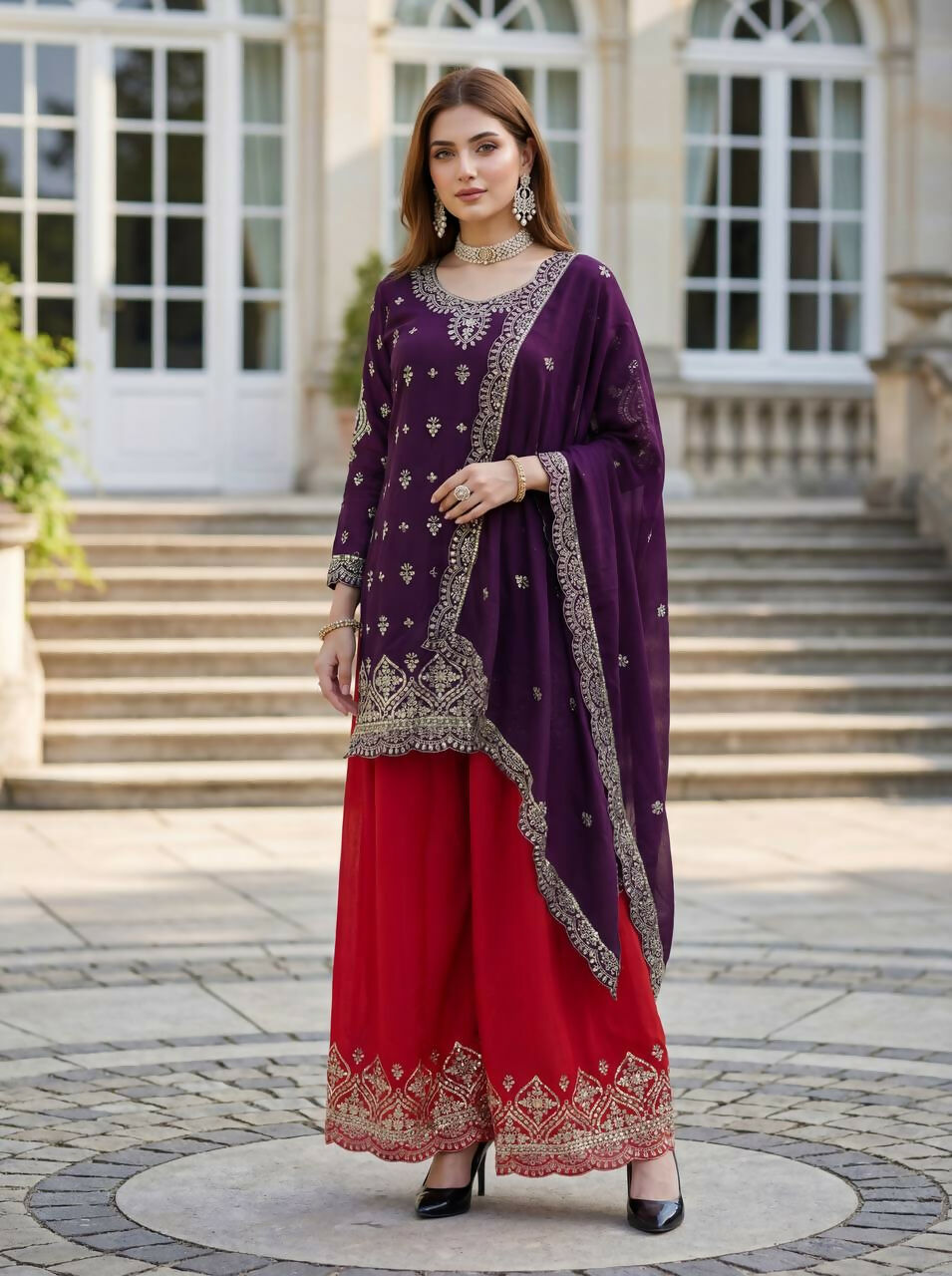 Joban Fashion Purple Silk Embroidered Sharara Set