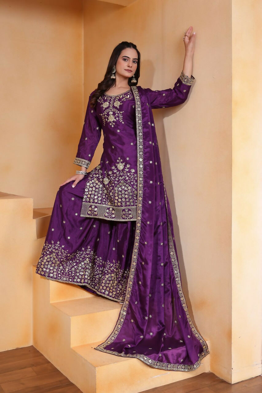 Joban Fashion Purple Silk Embroidered Sharara Set