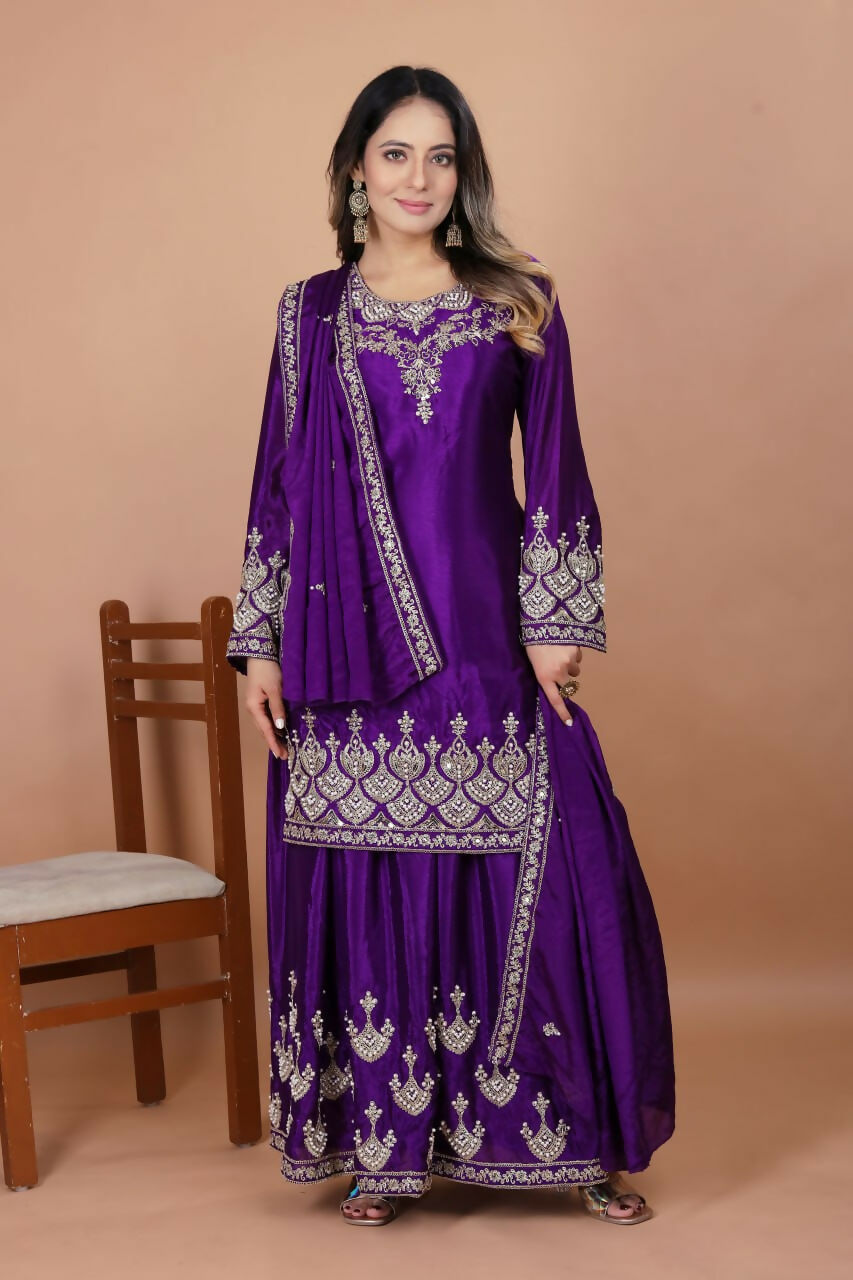 Joban Fashion Purple Silk Embroidered Sharara Set