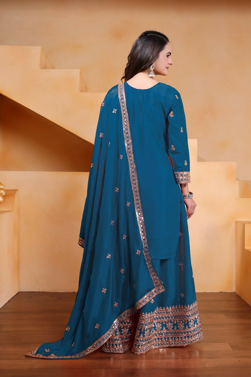 Teeya Creation Teal Color Chinon Silk Wedding Wear Trending Palazzo Set